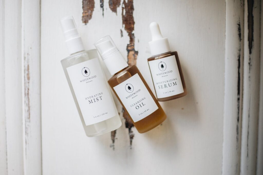 Flat lay of organic skincare products on rustic background, ideal for beauty and wellness use.